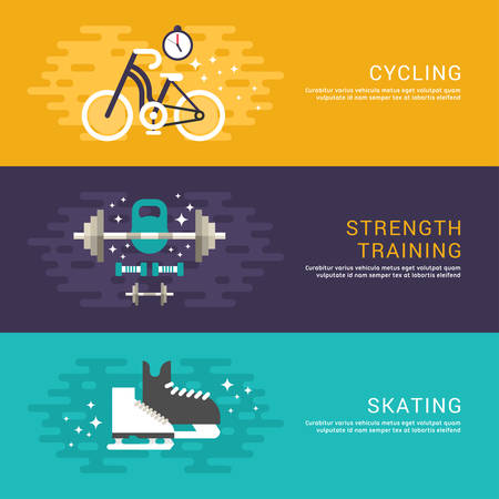 Set of Concept Flat Style Vector Sport Illustrations. Cycling, Strenght Training, Skating. Web Banner Templateのイラスト素材