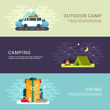 Camping and Hiking Concept. Van, Tent and Backpack. Set of Flat Style Vector Conceptual Illustrations for Web Banners or Promotional Materialsのイラスト素材