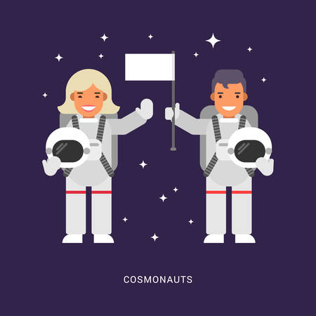 Two Cosmonauts. Male and Female Cartoon Characters Astronaut. Flat Style Vector Illustrationのイラスト素材