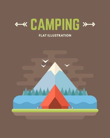 Camping. Tourists Tent and Mountine. Flat Style Vector Conceptual Illustration for Web Banners or Promotional Materialsのイラスト素材