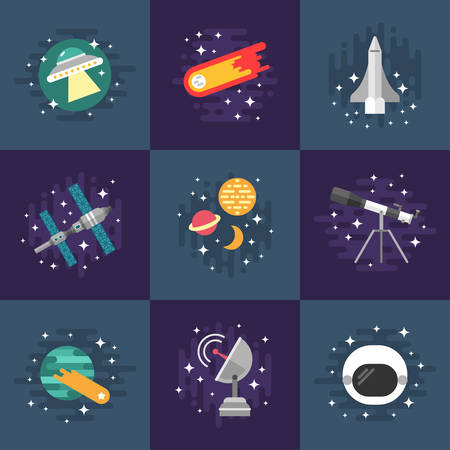 Set of Vector Illustrations in Flat Design Style. Space Theme. Planets, Rockets, Stars, Cometのイラスト素材