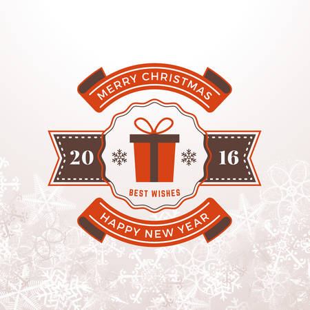 Merry Christmas and Happy New Year Greeting Card. Vintage Typographic Badge with Gift and Ribbons. Vector Illustrationのイラスト素材