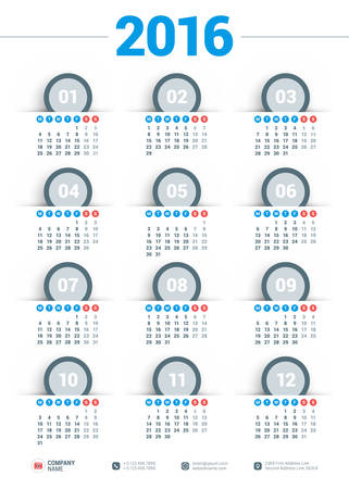 Vector Design Print Template. Calendar for 2016 Year. Week Starts Mondayのイラスト素材