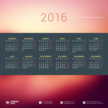 Vector Design Print Template with Place for Photo. Calendar for 2016 Year. Week Starts Mondayのイラスト素材