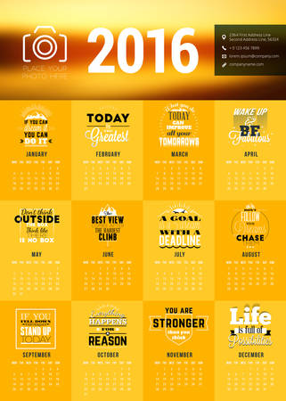 Vector Design Print Template with Motivational Quotes. Calendar for 2016 Year. Week Starts Mondayのイラスト素材