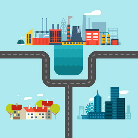 Urban, Village and Factory Landscapes Connected with One Road. Vector Flat Style Illustrationのイラスト素材