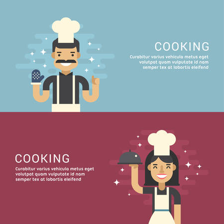 People Profession Concept. Cooking. Male and Female Cartoon Characters Chief. Flat Design Concepts for Web Banners and Promotional Materialsのイラスト素材