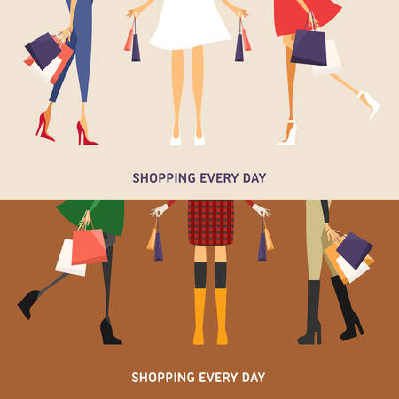 Shopping Everyday. Girl with Shopping Bags. Set of Flat Design Concepts for Web Banners and Promotional Materialsのイラスト素材