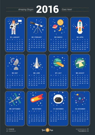 Calendar for 2016 Year with Space Icons and Illustrations on Blue Background. Vector Design Print Template. Week Starts Mondayのイラスト素材