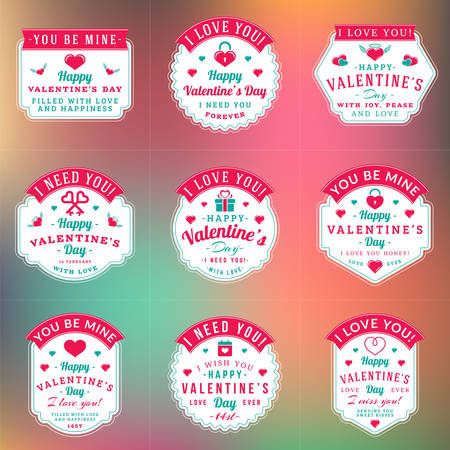Set Of Vintage Happy Valentine's Day Badges and Labels. Typography Design Template with Pink and Turquoise Colorsのイラスト素材
