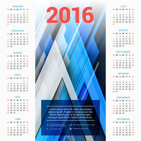 Vector Design Print Template with Abstract Background. Calendar for 2016 Year. Week Starts Sundayのイラスト素材