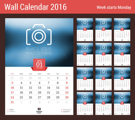 Calendar Set for 2016 Year. Vector Stationery Design Print Template. Week Starts Sunday. 12 Pagesのイラスト素材