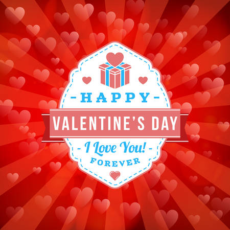 Happy Valentines Day Retro Badge. Valentines Day Greeting Card or Poster. Vector Illustration. Design Template with Red Background with Heartsのイラスト素材