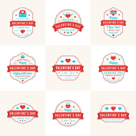 Set Of Vintage Happy Valentines Day Badges and Labels. Typography Design Template with Red and Turquoise Colorsのイラスト素材
