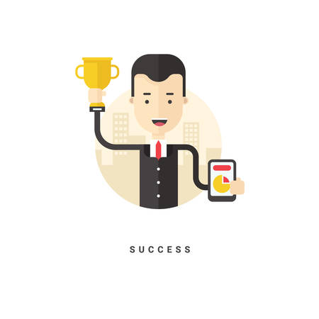 Flat Style Vector Conceptual Illustration. Cartoon Character Businessman Holding Golden Cup. Successのイラスト素材
