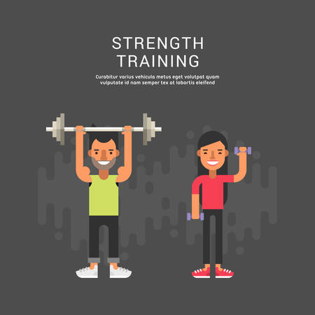 Sport Concept Illustration. Male and Female Cartoon Characters. Strenght Training. Flat Style Vector Illustrationのイラスト素材
