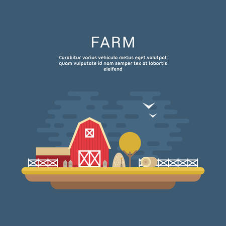 Vector Flat Style Illustration of Farm Landscape with Farmhouses and Fields on Dark Backgroundのイラスト素材