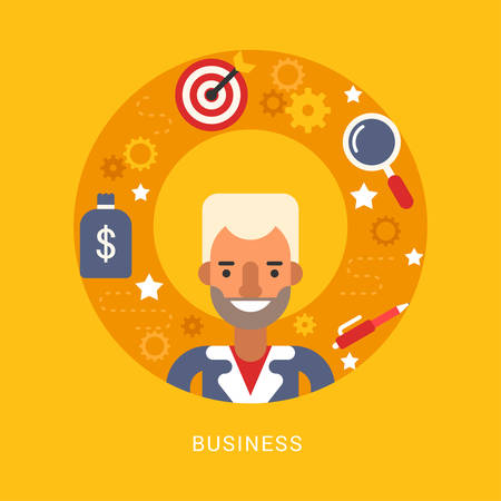Business Icons and Objects in the Shape of Circle. Businessman Cartoon Character. Vector Illustration in Flat Design Styleのイラスト素材