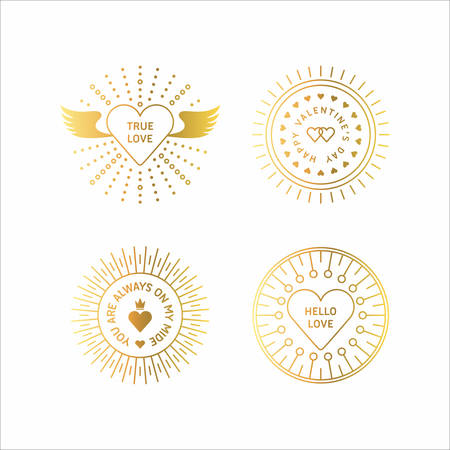 Set of Golden  Decorative Circle Line Art Frames with Hearts. Happy Valentines Day Celebration. Vector Design Elements for Greeting Cardのイラスト素材
