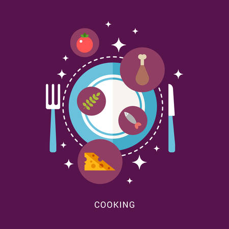 Vector Illustration in Flat Design Style. Food and Cooking Icons on the Plateのイラスト素材