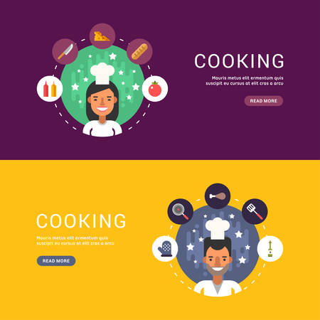 Food and Cooking Icons and Chef Cartoon Character in Circle. Set of Vector Templates in Flat Design Style for Web Bannersのイラスト素材