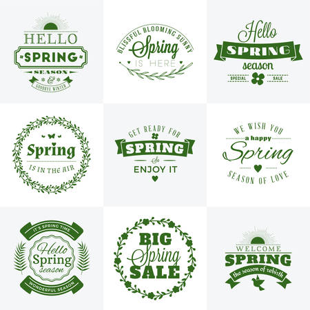 Set of Spring Vintage Typographic Badges. Vector Illustration. Hello Spring. Greeting Card Designのイラスト素材