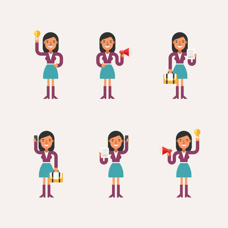 Cartoon Character Set of Businesswoman in Various Poses. Flat Style Vector Illustrationのイラスト素材