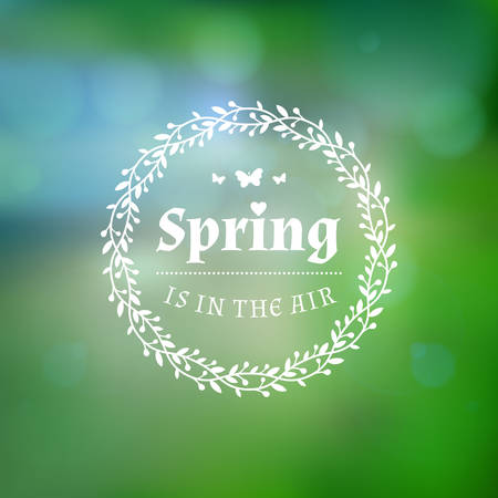 Spring Vintage Typographic Badge on Colorful Blurred Background. Spring Vector Illustration. Hello Spring. Greeting Card Designのイラスト素材