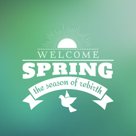 Spring Vintage Typographic Badge on Colorful Blurred Background. Spring Vector Illustration. Hello Spring. Greeting Card Designのイラスト素材