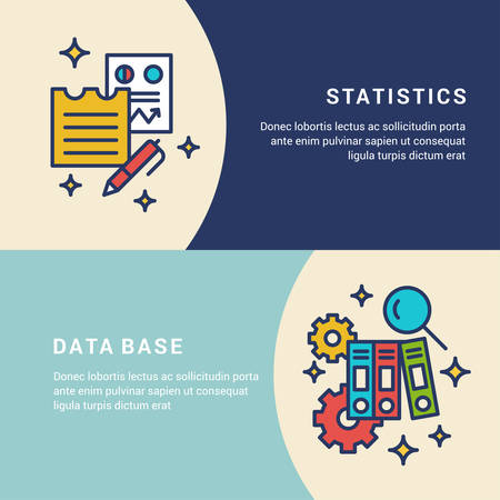 Set of Line Art Vector Business Concept Illustrations for Web Banners. Statistics, Data Baseのイラスト素材