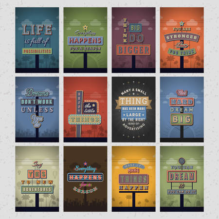 Set of Retro Neon Sign Vintage Signboards with Motivational Quote. Vector Illustration. Vector Quote. Poster Templateのイラスト素材