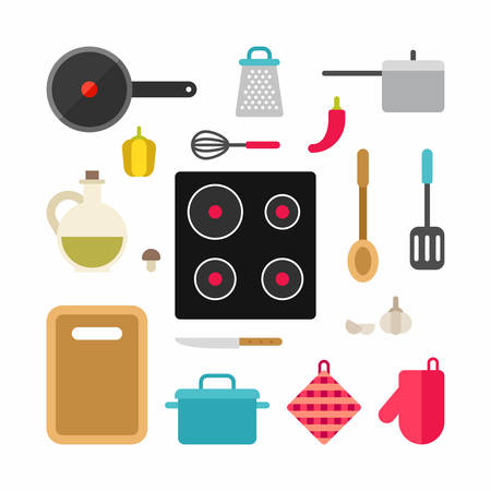 Set of Vector Icons and Illustrations in Flat Style. Kitchen Appliances and Food. Cooking Concept. Cooking Equipmentのイラスト素材