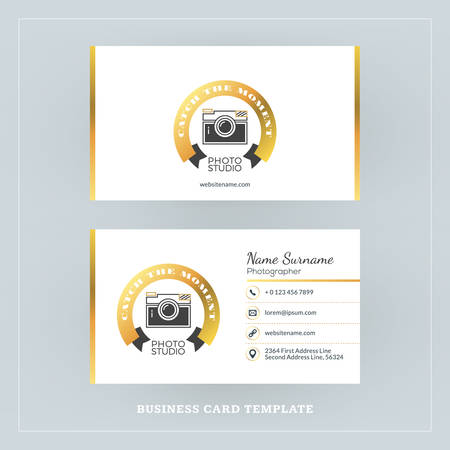 Golden and Black Business Card Design Template. Business Card for Photographer or Graphic Designer. Photo Studio Logotype Template. Vector Illustration. Stationery Designのイラスト素材