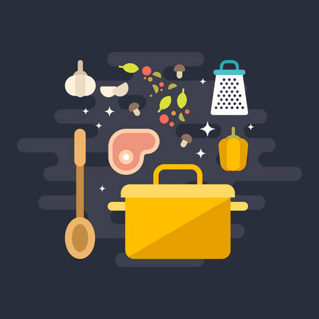 Cooking Concept. Ingridients for Soup with Soup Pot and Ladle. Flat Style Vector Illustrationのイラスト素材