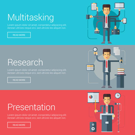 Multitasking. Research. Presentation. Flat Design Vector Illustration Concepts for Web Banners and Promotional Materialsのイラスト素材