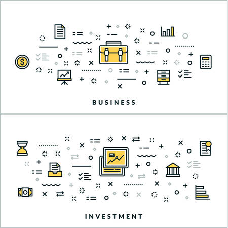 Vector Thin Line Business and Investment Concepts. Vector Illustration for Website Banner or Header. Flat Line Icons and Design Elementsのイラスト素材