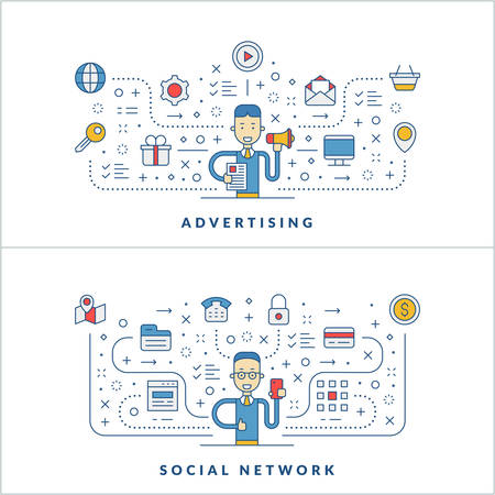 Advertisng. Social network. Flat line icons and businessman cartoon character. Business concept. Vector thin line illustration for website banner template or headerのイラスト素材