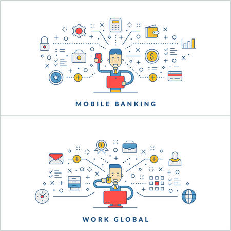 Mobile banking. Work global. Social media. Flat line icons and businessman cartoon character. Business concept. Vector thin line illustration for website banner template or headerのイラスト素材