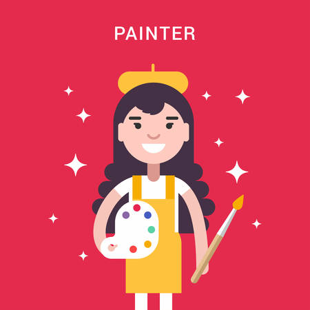 Painter Concept. Female Cartoon Character with Palette and Paintbrush. Flat Style Vector Illustrationのイラスト素材