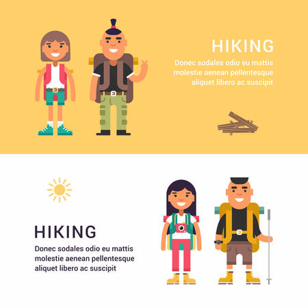 Hiking and Picknic. Set of Flat Style Vector Illustrations for Web Banners or Promotional Materials. Smiling Young Man and Girl with Backpack and Stick for Hikingのイラスト素材