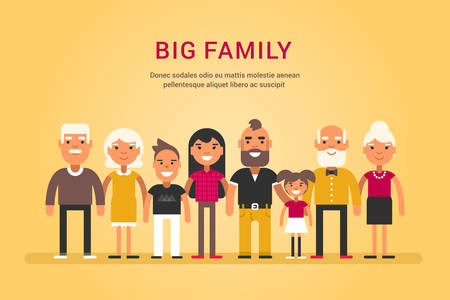 Big Happy Family. Parents with Children. Father, Mother, Children, Grandfather, Grandmother, Siblings, Wife, Husband, Uncle, Auntのイラスト素材
