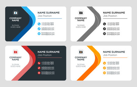 Creative Business Card Template. Flat Design Vector Illustration. Stationery Design. 4 Color Combinations. Print Templateのイラスト素材