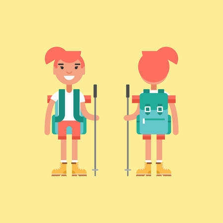 Hiking Concept. Smiling Girl with Backpack and Stick for Hiking. Front and Back View. Flat Style Illustrationのイラスト素材