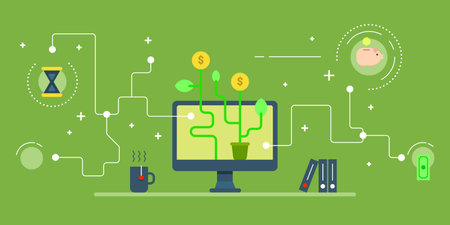 Business startup via web services, e-commerce concept. Computer, making money, piggy bank, time....