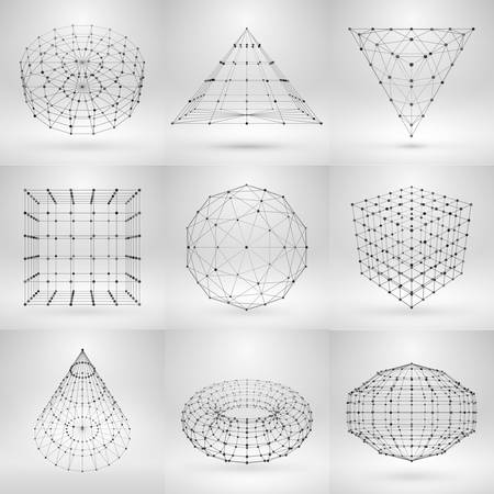 Set of wireframe polygonal elements. Abstract geometric 3D objects with thin linesのイラスト素材