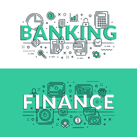 Banking and Finance Concept. Colored flat vector illustration in seagreen and white colors.のイラスト素材
