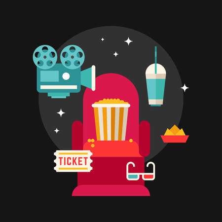 Movie Concept Flat Style Vector Illustration. Chair in Movie Theater. Popcorn, 3D Glasses, Ticket, Projectorのイラスト素材