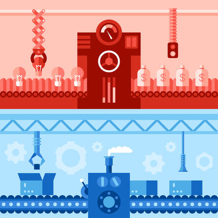 Two horizontal flat vector illustrations with scenes of conveyor line. Colored monochrome in red and blue.のイラスト素材