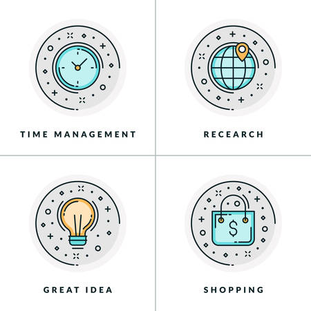 A set of four icons on business issues, such as time management, research, shopping, great ideas. Colored in gray, orange and blue flat vector illustrations.のイラスト素材