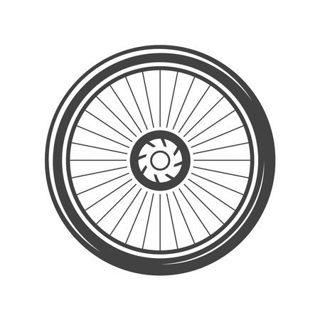 Bycicle wheel. Black icon, logo element, flat vector illustration isolated on white background.